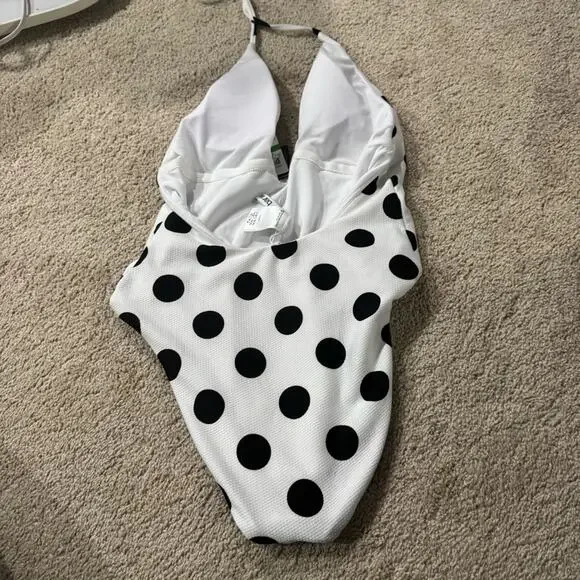 NWT Bar III White & Black Polka Dot Swimsuit One Piece Plunging Neck Size Large - Picture 7 of 10